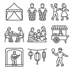 Community Festival Icons. Line style icons of community festivals: community tent, drum band, folk dancers, crafts table, family