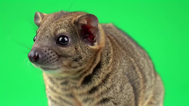 Close-up Portrait of a Small Striped Mammal with Large Dark Eyes Against a Vibrant Green Background