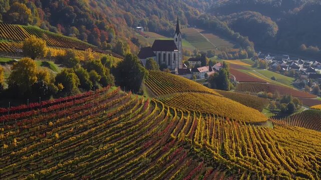 elegant 4k flythrough gently rolling vineyards leading toric town issenkirchen Austria church spires autumnal trees set Wachau Valley&rsquo;s golden