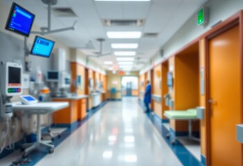 Fototapeta premium Blurred hospital interior, soft focus on medical equipment and hallway, unfocused, outpatient