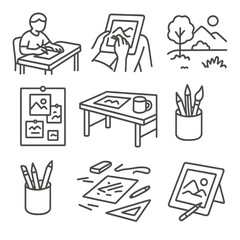 Sketching Environment Icons. Line style icons of sketching environments: artist at desk, sketch pad on lap, studio table with