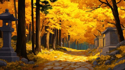 Serene autumn pathway lined with vibrant golden trees and stone lanterns, inviting peaceful exploration in nature