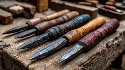 Chisels, well-used, with wooden handles, sit atop a weathered wood surface