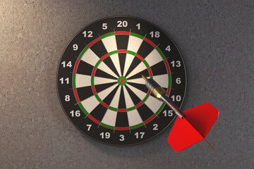 Close-up of a dart hitting the dartboard, concept of accuracy, precision, and success, with a red flight dart in focus against a concrete wall background.
