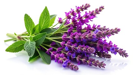 A beautiful bouquet of lavender flowers and green herbs on white background