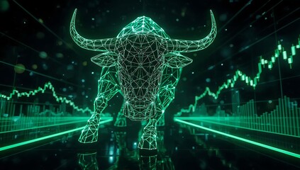 3D holographic bull charging forward with neon green lights symbolizes market optimism and growth in financial sector, representing strength and resilience in trading