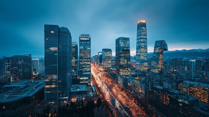 Naklejka premium Futuristic city skyline at dusk, futuristic city skyline with glowing lights, futuristic city skyline aerial night view