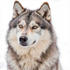 Fototapeta premium The Majestic Wolf: A portrait of a striking gray wolf, its intense gaze and regal presence captured against a snowy backdrop. A testament to the wild's inherent beauty.