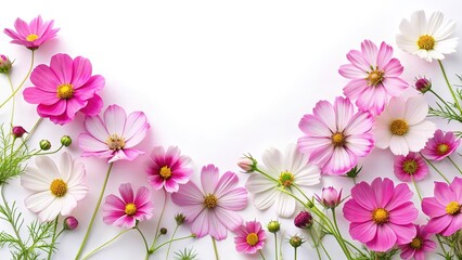 Pink and White Cosmos Flowers Arranged on a White Background with Copy Space