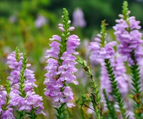 Obraz premium Physostegia virginiana, the obedient plant or false dragonhead, in flower, in the wild