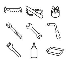 Fototapeta premium Drivetrain Tools Icons. Line style icons of Drivetrain Service Tools: chain checker gauge, chain whip, cassette lockring tool,