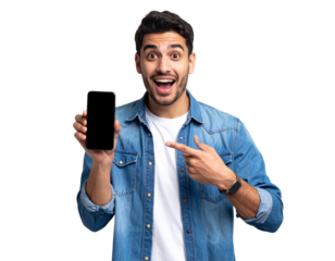  Happy Man Holding Smartphone Horizontally with Both Hands, Presenting App Display, Isolated on Transparent Background PNG