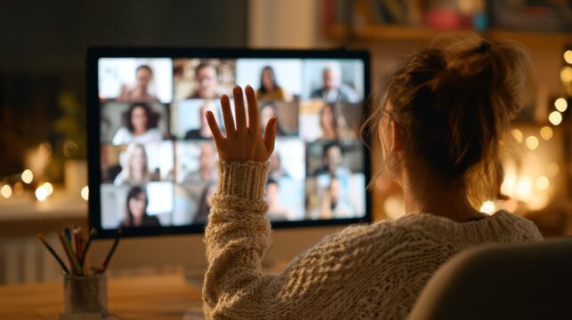 Young woman waves to friends and colleagues during a video conference, online meeting, or remote working from home