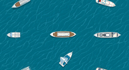 Fototapeta premium Top view sea diagonal ship and shipping boat on ocean water surface seamless texture. Vector illustration
