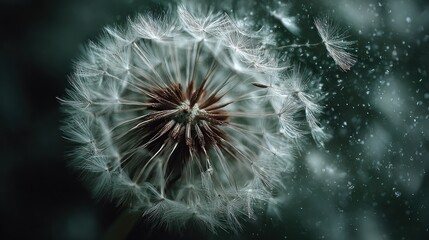 Dandelion seeds drifting, delicate, and airy against a dark, speckled backdrop