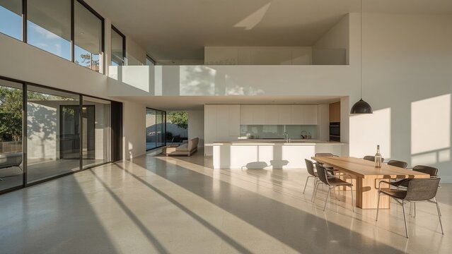 Modern minimalist interior design showcasing natural light and architectural elegance open plan living space with a dining table