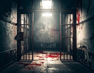Bloody, rusty prison cell interior