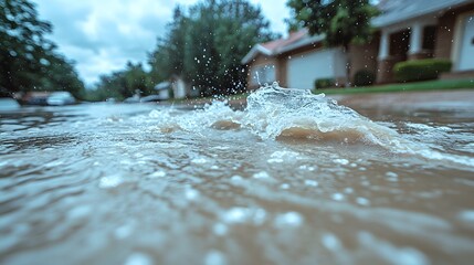 Fototapeta na wymiar Rainwater floods suburban street causing water to splash near houses during gray weather