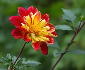 Red and yellow collarette Dahlia Ashpire Fancy in flower, in the wild