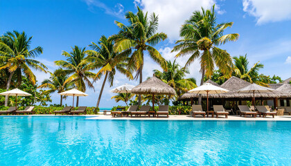 Exotic resort swimming pool with crystal-clear turquoise water sparkling under bright midday sun and surrounded by tropical palm trees