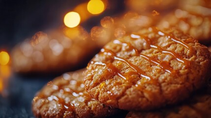 A close-up shot of crispy cookies with caramel drizzle, styled for food advertising on blurred background 