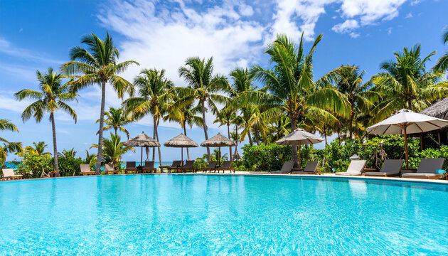 Tropical luxury resort swimming pool with crystal-clear turquoise water sparkling under bright midday sun framed by lush green palm trees