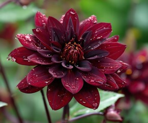 Dark red star Dahlia in flower, in the wild