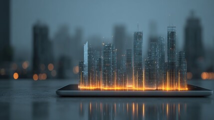Digital city on tablet, cityscape blurred in background, soft warm lighting