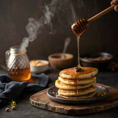 Golden honey being drizzled from a wooden dipper onto a stack of pancakes.