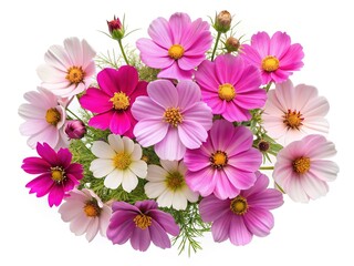 Beautiful bouquet of cosmos flowers in various shades of pink and white isolated