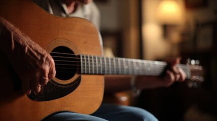 Medium shot of older individual playing acoustic guitar captured in focused detail with outoffocus room adding musical retirement passion.
