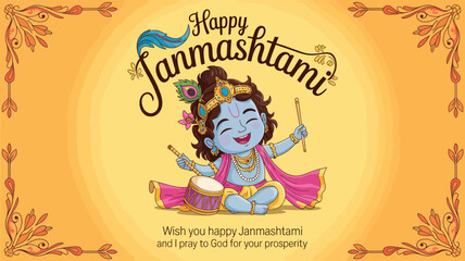 Child Lord Krishna Playing Drum and Holding Flute with Yellow-Orange Background and Floral Borders for Janmashtami Greeting Card