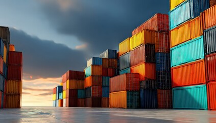 Fototapeta premium Colorful Shipping Containers At Sunset Dock