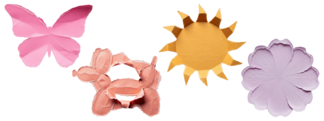 Collage of pink paper butterfly, balloon dog, yellow sun, and purple flower