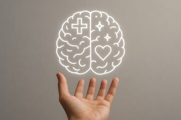 Hand holding glowing brain symbolizing mental health and well being