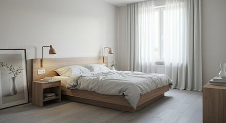 Serene Bedroom Interior: Minimalist Design with Natural Light and Wooden Accents
