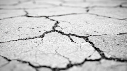 Obraz premium Dry, cracked earth with deep fissures in black and white, close-up view