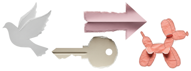 Collage of torn paper dove, pink arrow, beige key, and balloon dog