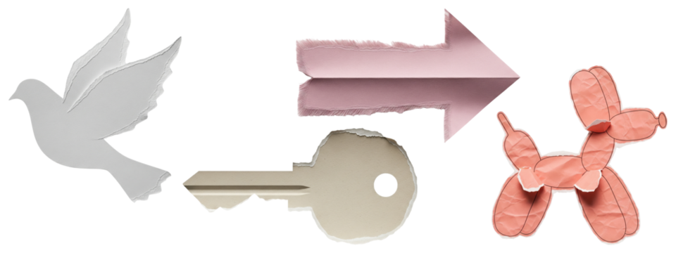 Collage of torn paper dove, pink arrow, beige key, and balloon dog