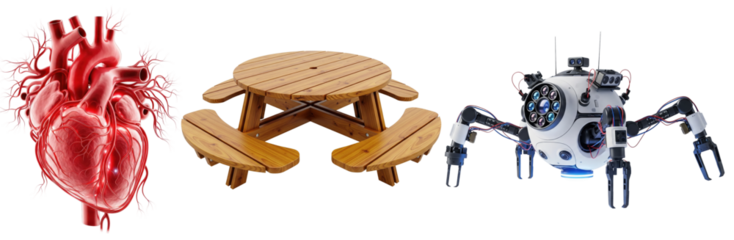Collage of anatomical human heart illustration, round wooden picnic table, and futuristic robotic spider