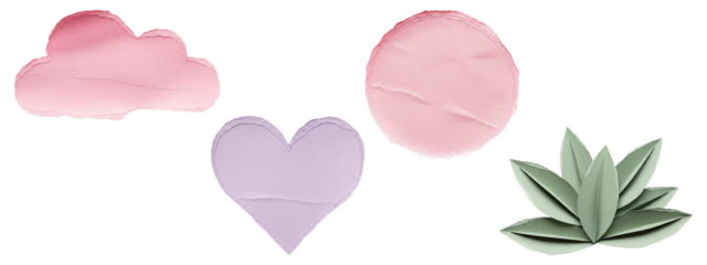 Collage of pink paper cloud, pink circle, purple heart, and green leaf cluster