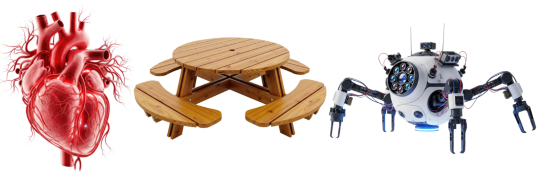 Collage of anatomical human heart illustration, round wooden picnic table, and futuristic robotic spider