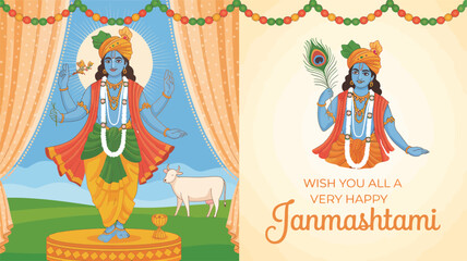 Lord Krishna Janmashtami Illustration with Four-Arm and Two-Arm Depictions, Cow, Flute, Conch, Lotus, and Festive Greeting Text