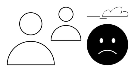 Black sad face, two outlined human figures, and a cloud reflect loneliness, emotional struggle, social disconnect, mental health, empathy, relationships, compassion and vulnerability in a simple