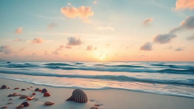 Serene sunrise over a tranquil ocean beach with seashells scattered on the golden sandy shore. A peaceful coastal scene.