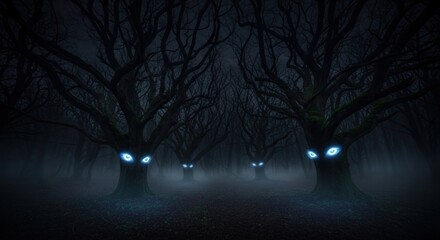 Obraz premium Eerie, dark forest with glowing blue eyes appearing among the bare trees