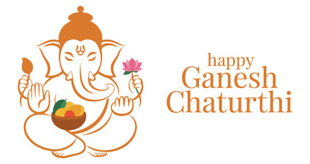Orange Illustration of Lord Ganesha Holding Lotus, Fruits, Modak, and Axe with “Happy Ganesh Chaturthi” Text for Hindu Festival Celebration