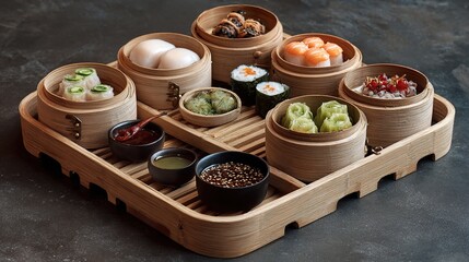 Tray of assorted dim sum and condiments in wooden containers