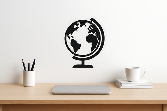 Black silhouette globe decal on a white wall above a desk
