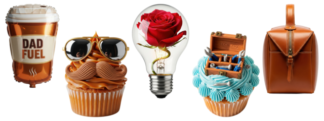 Collage of coffee cup balloon with “Dad Fuel” text, mustache cupcake with sunglasses, rose in light bulb, toolbox cupcake, and brown leather bag